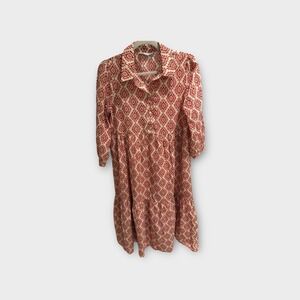 Zara Womens Medium Dress Red Geometric Print 3/4 Sleeve Collared Tiered